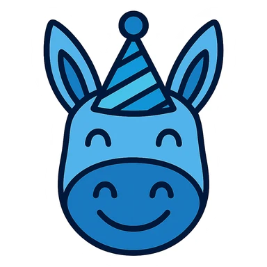 Add a colorful party hat with blue tones to the happy donkey head icon, in color outline style, with no background. sticker