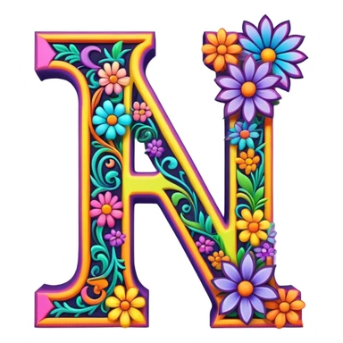 3D, gothic style psychedelic colored Letter I with hippie style flower border sticker