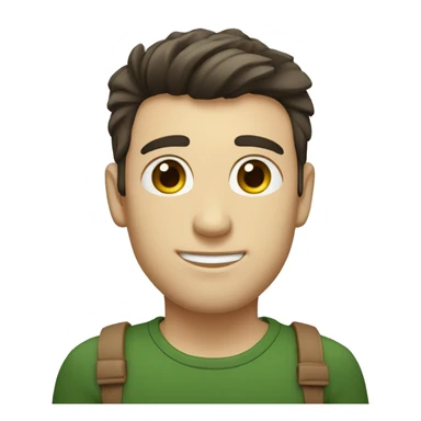 man with the following characteristics: Short, dark brown hair with a minimal quiff (a small upward tuft at the front). Dark green eyes. Friendly and approachable expression. sticker