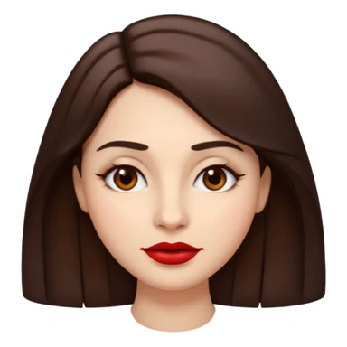 A woman emoji with fair skin, slightly wavy dark brown hair parted in the middle, an oval-shaped face, arched dark eyebrows, almond-shaped brown eyes, a small straight nose, and full lips with deep red lipstick. sticker