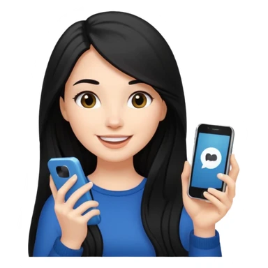 White influencer girl with black long haired, phone in hand, recording herself, confident, trendy, sticker