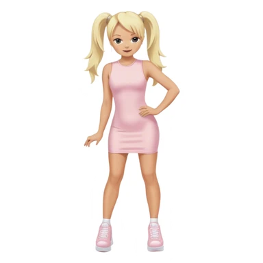 Emma Bunton with long blonde ponytails wearing light pink bodycon dress with white platform sneakers sticker