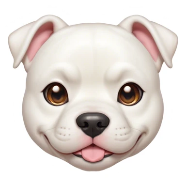 Cinematic Cute White American Bulldog Portrait Emoji, Head tilted playfully and inquisitively, smooth white fur with a healthy sheen, round, sparkling brown eyes filled with curiosity, Simplified yet irresistibly adorable features, highly detailed, glowing with a warm, friendly glow, high shine, affectionate and lively, stylized with a touch of whimsy, bright and endearing, soft glowing outline, capturing the essence of a mischievous yet loving pup, so playful it feels like it could bound out of the screen and into your arms! sticker