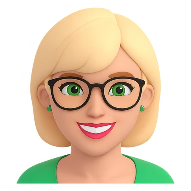 Add stylish glasses to the woman with thick blonde short hair and green eyes in a 3D emoji style. Keep the 3D emoji look consistent and remove the background. sticker