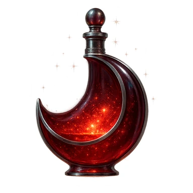 red moon-shaped luxurious elixir bottle, mysterious and mystical, deep red color, iridescent and silver details, extra intense magical glowing and sparkling effects, very small neck, seamless bottom, transparent background, floating, no base or shadow, modern, matching a collection sticker