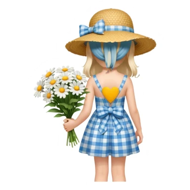 a girl in a blue plaid dress with an open back and a bow, wearing a wide straw hat, holding a large bouquet of daisies, seen from behind, soft colors, clean background, 3D iOS Apple emoji style sticker