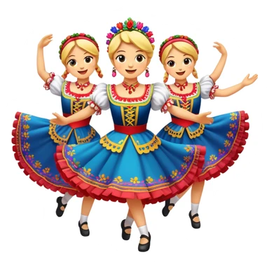 Cinematic Realistic Mazurka Dance Emoji, depicted as a lively traditional Polish folk dance scene with colorful costumes and spirited movement, rendered with dynamic textures and vibrant festive lighting that captures its rhythmic energy. sticker