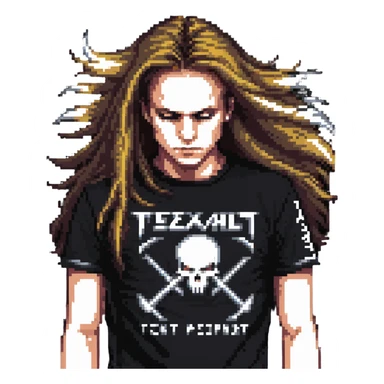 A person headbanging with long hair, wearing a metal band t-shirt sticker
