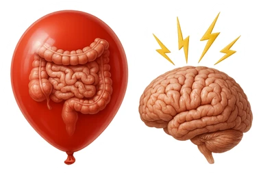 intestino umano anatomico chiuso in un palloncino rosso che simboleggia gonfiore, accanto un cervello anatomico con fulmini vicino che simboleggiano "stress", iperrealistico 4k sticker