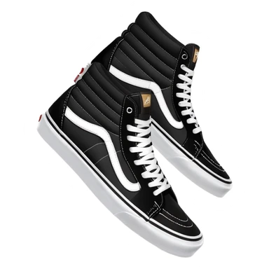 Clean minimalist iOS emoji style pair of black Vans Sk8-Hi high tops with one behind the other, simple forms, flat design, essential white stripe detail sticker