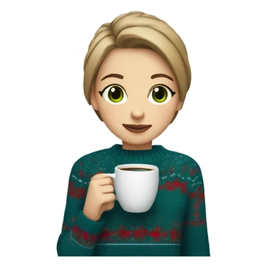 Light brown short haired girl with green eyes drinking coffee wearing blue Christmas sweater sticker