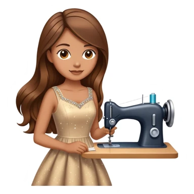 Woman with long brown hair sewing a cute dress with sparkles around her elegant  sticker