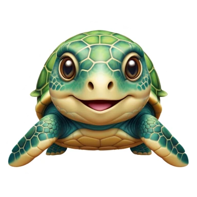 Cinematic Realistic Cute Sea Turtle Portrait Emoji, Head tilted playfully and inquisitively, featuring a compact, gentle form with a beautifully detailed shell adorned with natural patterns and a soft, expressive face with sparkling eyes, rendered with realistic textures and warm ambient light; high shine, affectionate and spirited, styled with a touch of marine whimsy, soft glowing outline, capturing the essence of a mischievous yet lovable sea turtle that seems ready to swim playfully into your arms! sticker