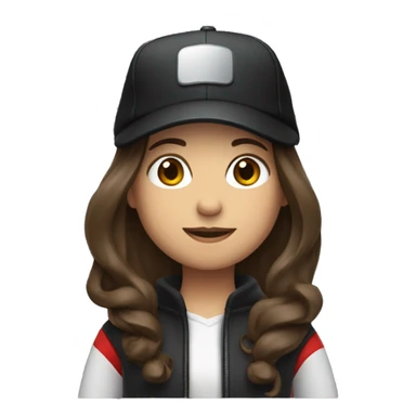 Brunette with long hair in a black cap and a red jacket with a camera sticker
