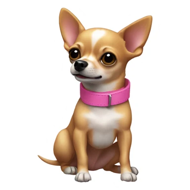 A gold/brown colored chihuahua with a black nose panting, wagging its tail and wearing a pink collar sticker