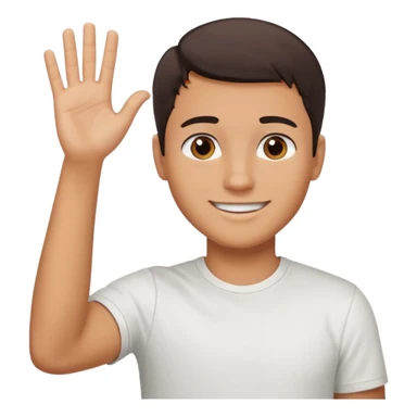 joven bronceado medio pelon oscuro muy cortito polera blanca sonrisa bonita saludando mano arriba sticker