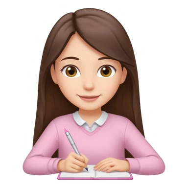 smiling long brunette hair girl hazel eyes wearing light pink clothes writing sticker