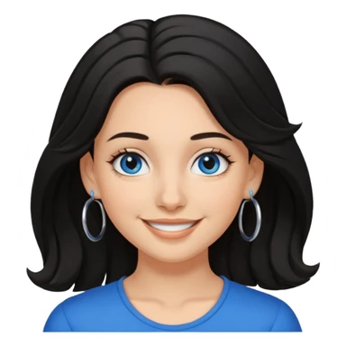 White Girl with black shoulder length hair slightly curly, has a tan, blue eyes, nose ring hoop sticker