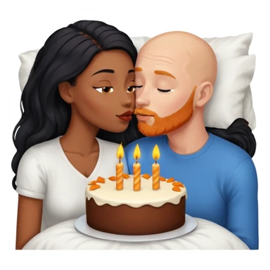 Couple is Bald white male with orange ginger beard and blue eyes kissing African American dark brown woman with long black hair

Laying in bed with birthday cake sticker