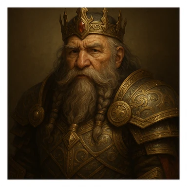 a wise dwarf king with a crown and ornate armor, fantasy style, detailed character illustration sticker