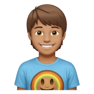 16 yr old boy, brown hair, straight, big smile, white teeth, tanned skin, bangs, hippie part sticker