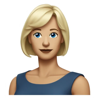 widow with blonde, shoulder length hair with bangs all across forehead and sides swept back from face, blue eyes,  60 years old, 180 pounds sticker