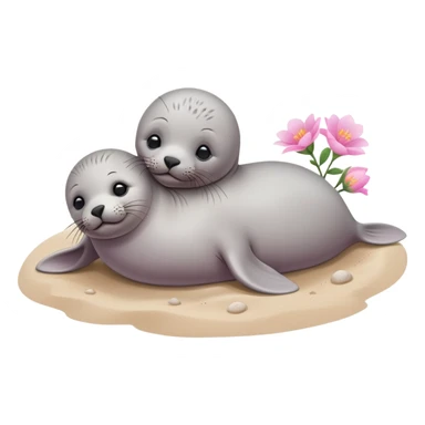 A small, slim baby seal resting gracefully on a sandy beach, with a delicate pink flower placed on its head.  Grey color sticker
