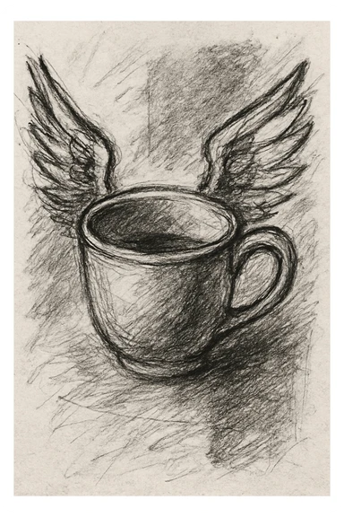 a cup with wings, pencil sketch style, as if drawn in a sketchbook sticker