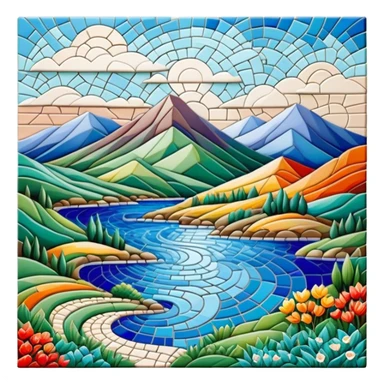 Mosaic art icon, colorful tiles forming a detailed picture, like a landscape, intricate patterns, some tiles in process of placement, minimalistic style, clean lines, transparent background. sticker