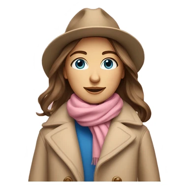 Brown straight hair blue eyes tan beige hat on white scarf pink coat  sticker