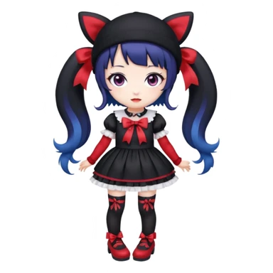 Chibi kawaii Kuromi, violet eyes, black-blue twin tails, red ribbons, red beanie, black & white lolita dress with red accents, white thigh-highs, black mary janes, cute aesthetic. sticker