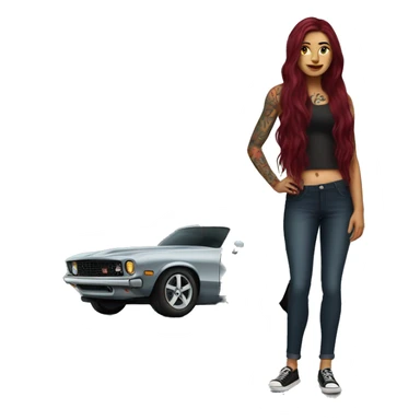 Beautiful tattooed burgundy long haired woman standing next to a car sticker