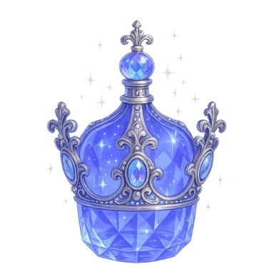 luxurious crystal elixir bottle in small crown shape, color #7986cb crown color, ornate silver and iridescent details, magical glowing and sparkling effects, very small neck, seamless bottom, transparent background, bottle clearly floating in air, no base or shadow, modern, collection style sticker