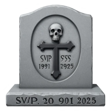 A gravestone with the inscription: 
Here rests the SVP 1971–2025 sticker