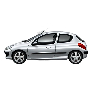 A Peugeot 206 car with 4 doors in light grey color with tinted window and white wheel rims sticker