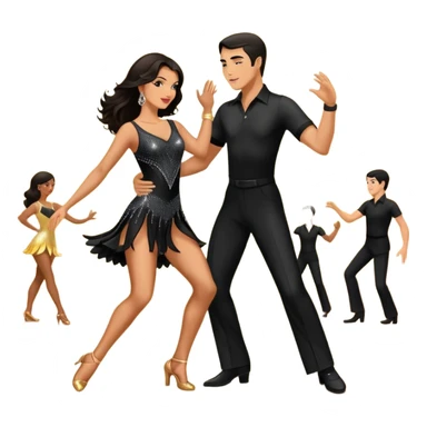 Photorealistic dancesport professional latin couple dancing the samba at the competition dancefloor, the women is in skinny short sparkly dress, the man is in black shirt and black classic pants, the women has brown long hair, the man has short black hair  sticker