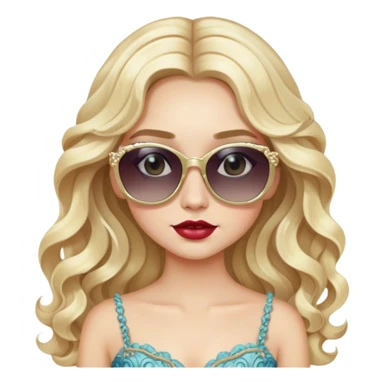a pale blonde girl with elaborate makeup and dress, long wavy hair, wearing sunglasses, confident sticker