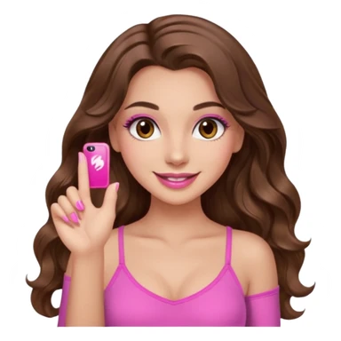 girl with long wavy brown hair, brown eyes, long lashes, sexy pink lips, light to medium complexion, wearing a pink sexy top, smiling, finger tips touching sticker