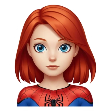 A girl with straight red hair and blue eyes in a spider-man costume sticker