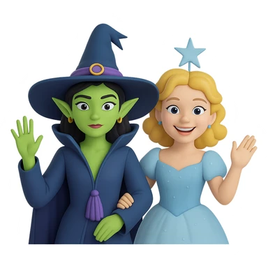 Add Glinda beside Elphaba, both in the Ozdust Ballroom scene, Glinda smiling. The style should resemble 3D emoji style with transparent background. sticker