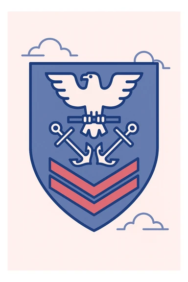 blue shield insignia with a white eagle holding a bar at the top, crossed white anchors below the eagle, and four red chevrons at the bottom, military rank badge style sticker