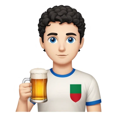 white guy thick eyebrows blue eyes with short curly black hair holding beer wearing a shirt with the italian flag sticker