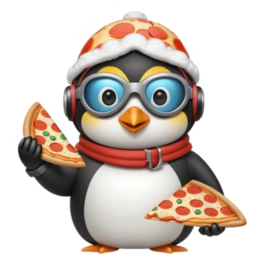 penguin with pizza slice, puffy winter coat, skiing goggles on head sticker
