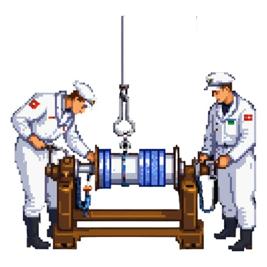 Russian sailor operating winch to collect marine geology samples and scientists in laboratory examining sediment cores sticker