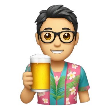 Japanese wearing roundglasses alohashirt is holding beer sticker