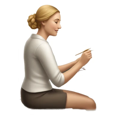 a white woman sitting in a wooden chair. she's painting a beautiful, scenic image on a canvas that's sitting on a wooden easel sticker
