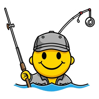 smiley face holding a fishing pole and wearing a fishing cap sticker