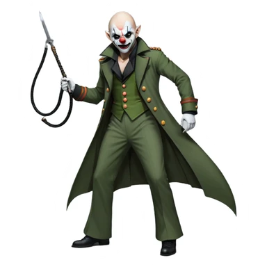 evil clown, bald, small black horns on forehead, fangs, pointed ears, eye patch over one eye, long coat over black and military green leisure suit with bellbottom pants, tail, holding a whip, no knife, realistically proportioned, less bulky, full body, battle-ready, fighting posture sticker