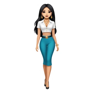 beautiful woman boss, with long straight black hair, with make up, black eye liner, smile, mexican, brown skin, wearing beautiful sexy outfit and white earings, she stand up, full body sticker