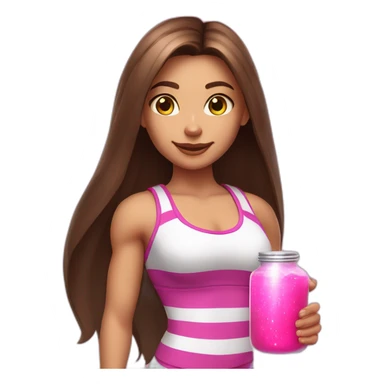fitness girl with straight long brown hair, wearing silver bracelets and a white stripes tops and holding a pink magic potion sticker